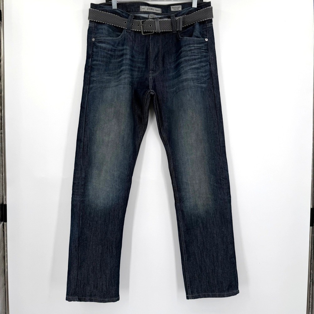 PD&C Mens Slim Straight Dark Blue Wash Denim Jeans With Woven Belt 34x32
